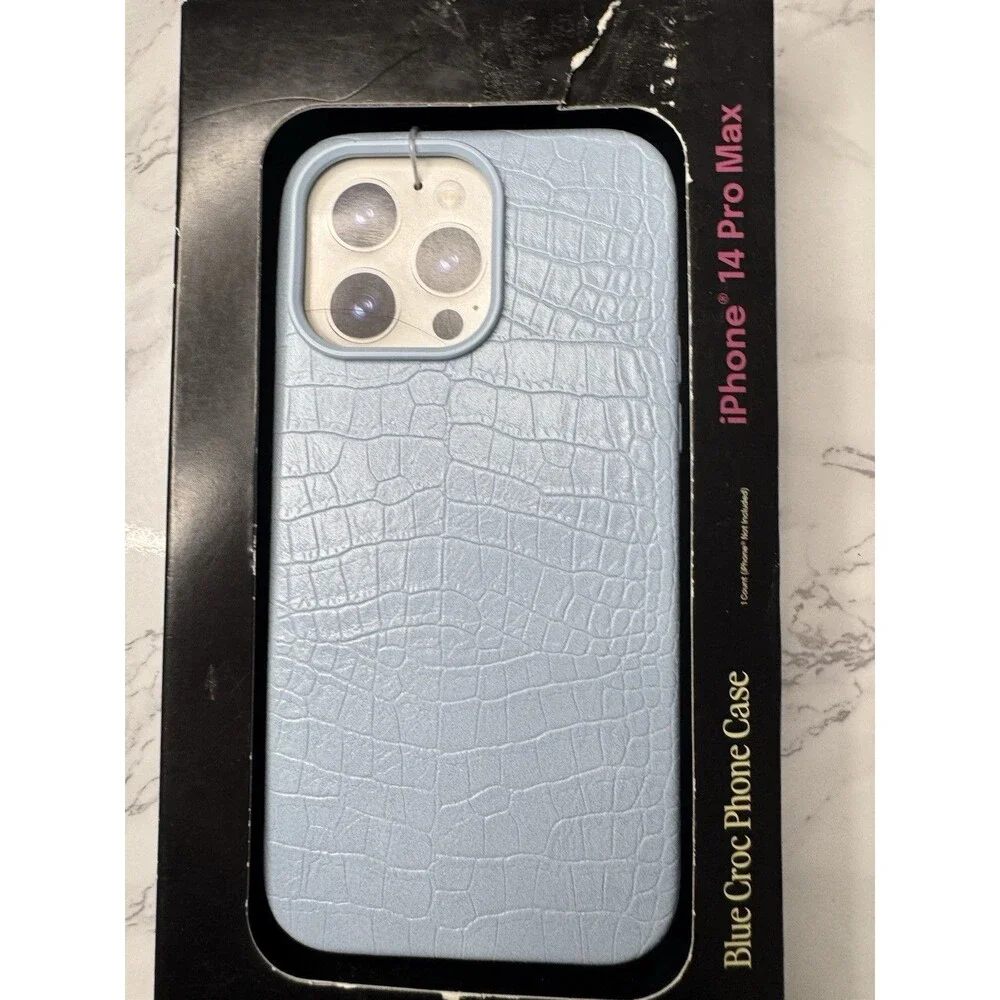 Hello LUX Blue Croc Faux Leather Dual Layer Drop Protect Case iPhone 14 Pro Max